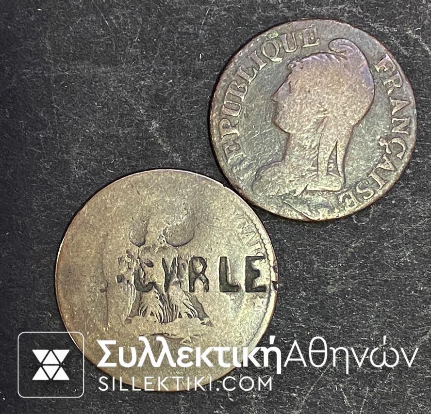 France 2 Old Brass Coins (one with CYRLE)